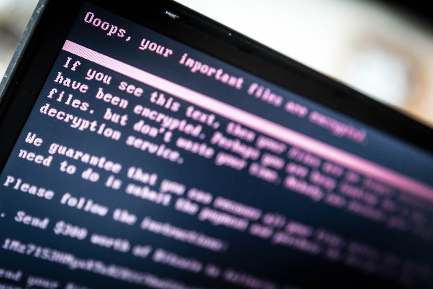 A laptop screen displays a message after it was infected with ransomware during a worldwide cyberattack, in Geldrop, Netherlands, 27 June 2017 (issued 28 June 2017). epa06053536. EPA/ROB ENGELAAR