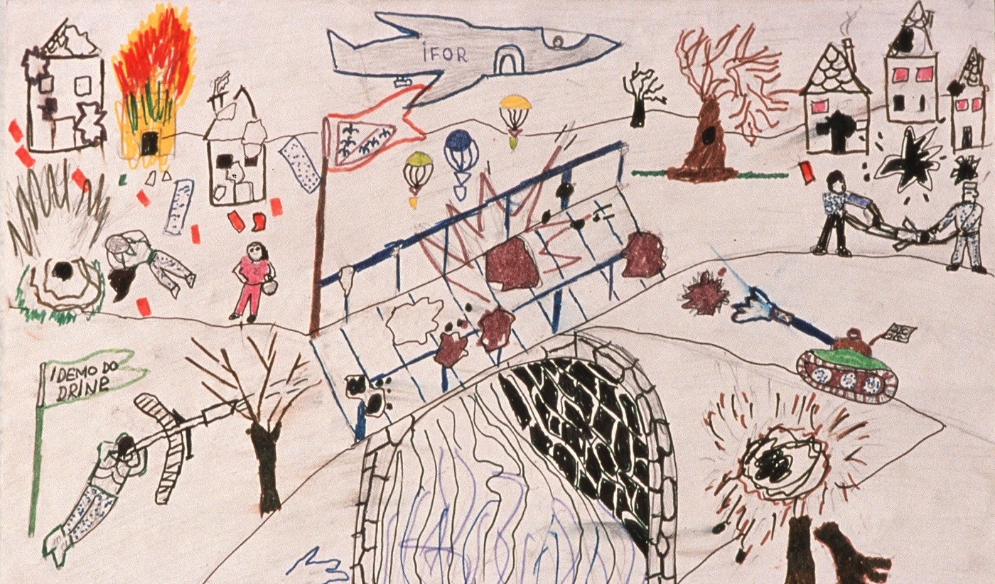 Rebuilding peace in divided education systems - Peacebuilding - Bosansca Krupa. Dessin d'enfants de l'école élémentaire. Bosansca Krupa Elementary school. Drawing from young children. It will take children a long time to forget scenes like this", says head Kadic Izet. Credit ICRC