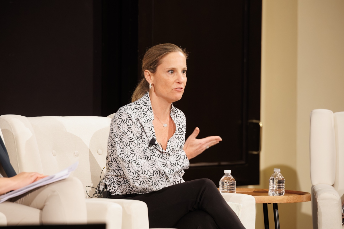 Dr. Anne Morrison, an ICRC surgeon, speaking at the Baker Institute in April 2026 in Houston, TX. (Michael Stravato/Rice University)