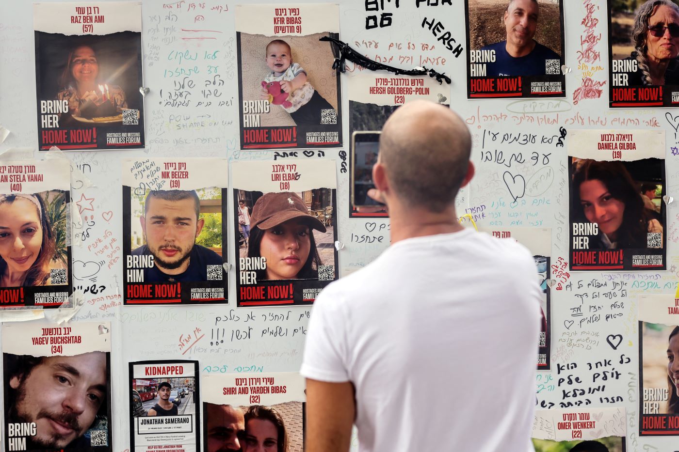 man looking at photos of Israeli hostages. Credit: reuters