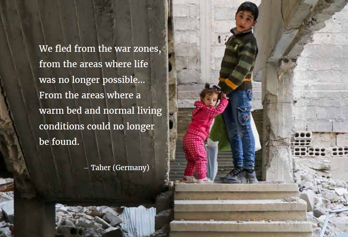 Children in a destroyed building in Douma, Damascus.