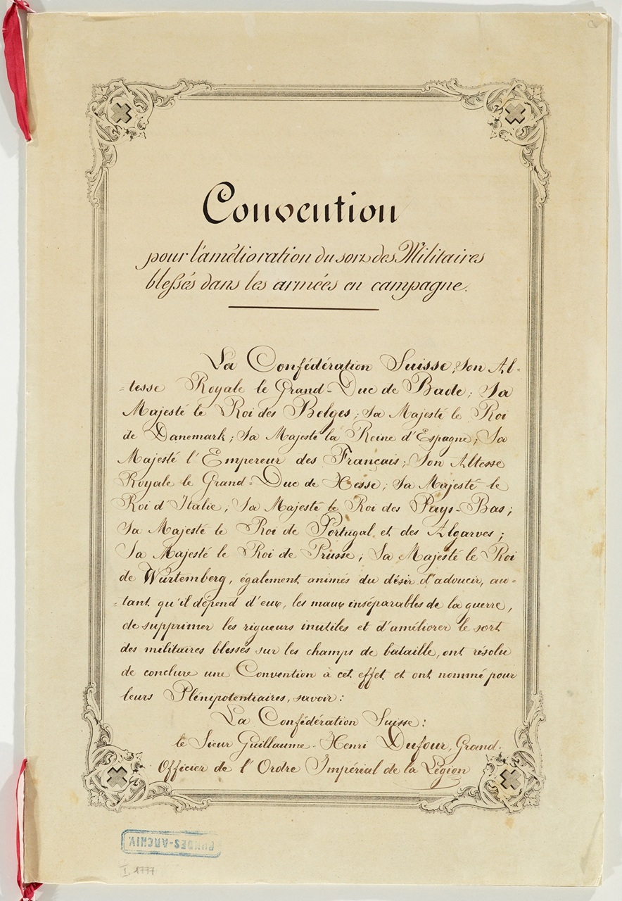 Перша сторінка Женевської конвенції від 22 серпня 1864 року.